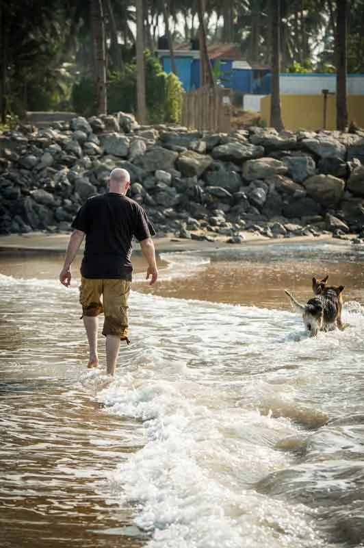 Linus mit den Hunden am Strand