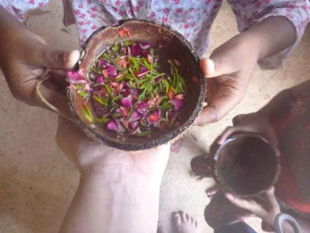 Man sieht die H&auml;nde eines M&auml;dchens, die eine Kokosnussschale gef&uuml;llt mit Wasser und Blumen h&auml;lt.